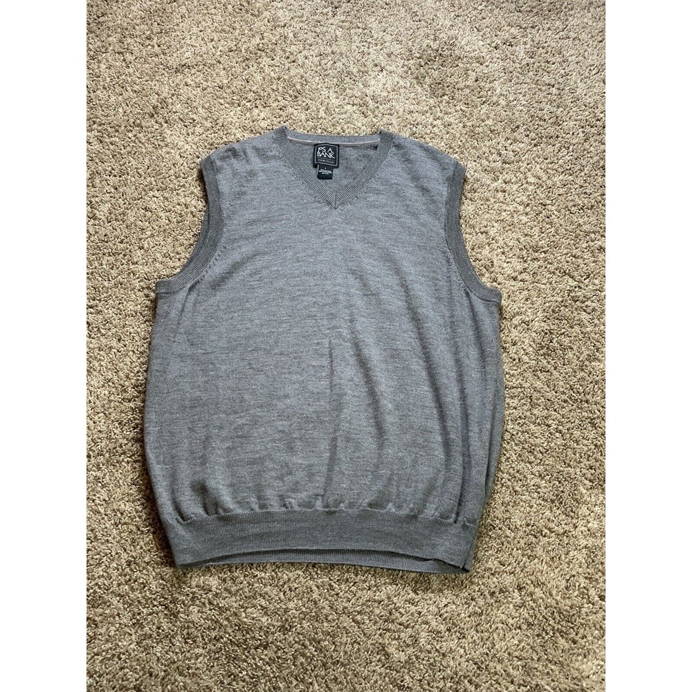 JOS A Bank Sweater L Gray Mens V Neck Vest Casual Travler Merino Wool Sleeveless